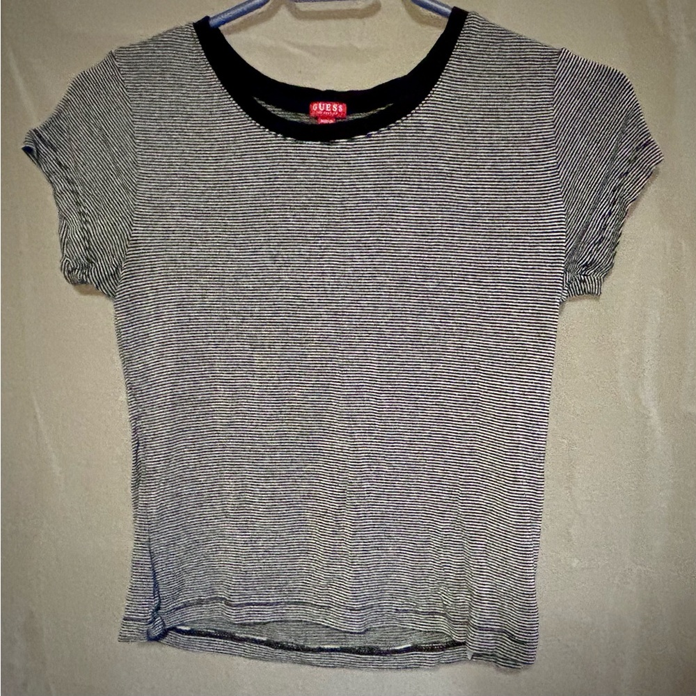 Guess Black and White Striped Women's Short Sleeve Crop-Top